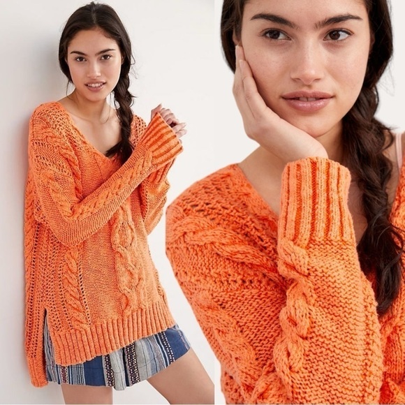 Anthropologie Pilcro Cable Knit Oversized Sweater XS Oversized Open Knit Orange - Picture 1 of 17